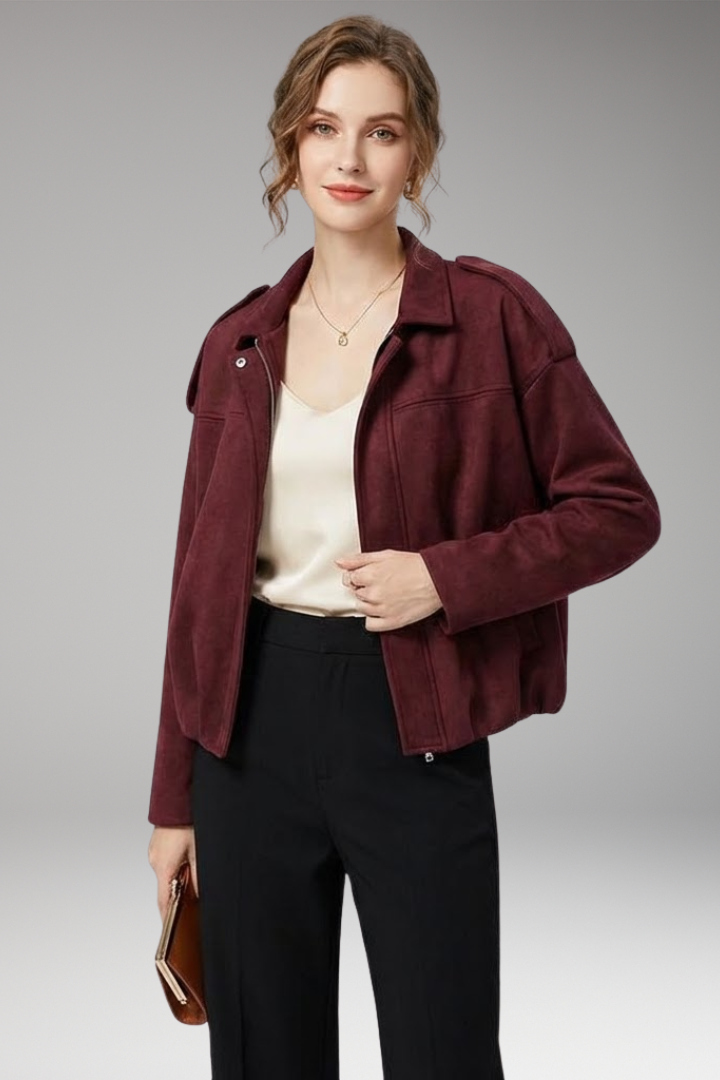 Women's Suede-Look Bomber Jacket with Structured Shoulders