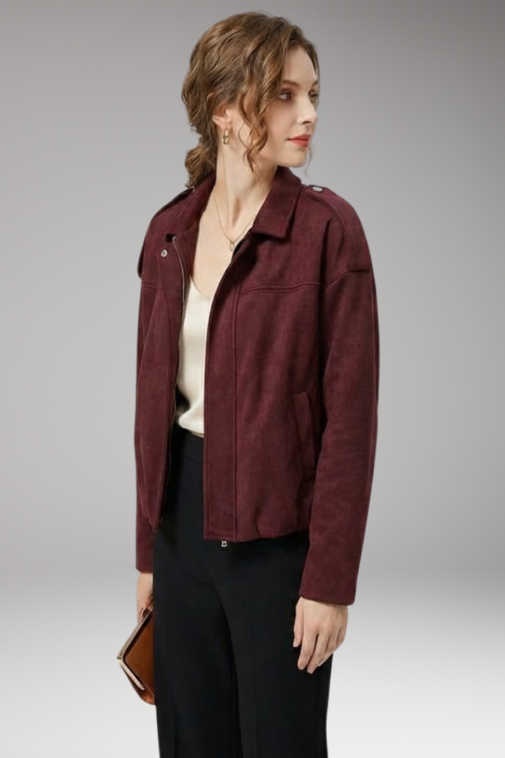 Women's Suede-Look Bomber Jacket with Structured Shoulders