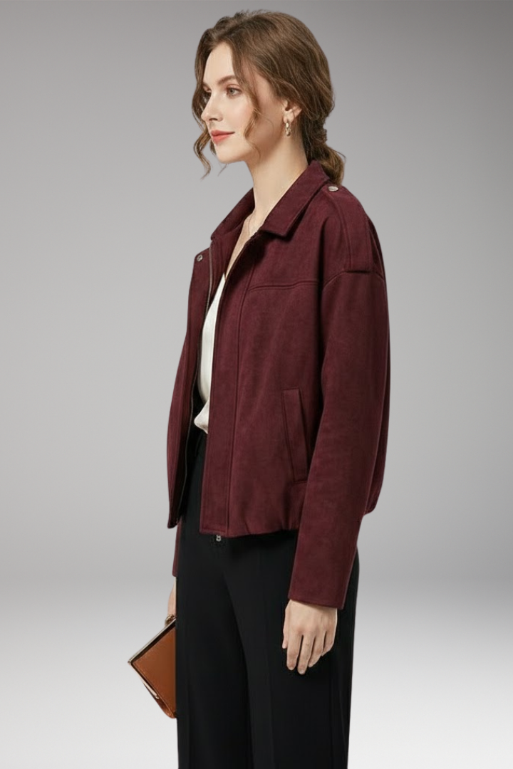 Women's Suede-Look Bomber Jacket with Structured Shoulders