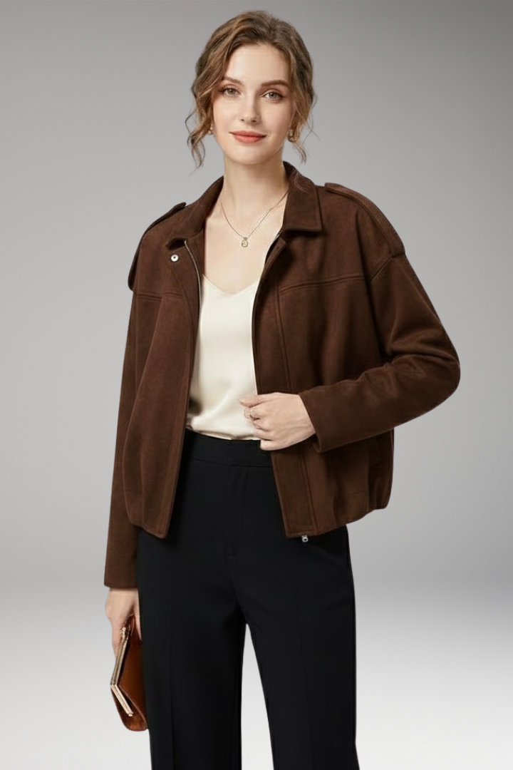 Women's Suede-Look Bomber Jacket with Structured Shoulders