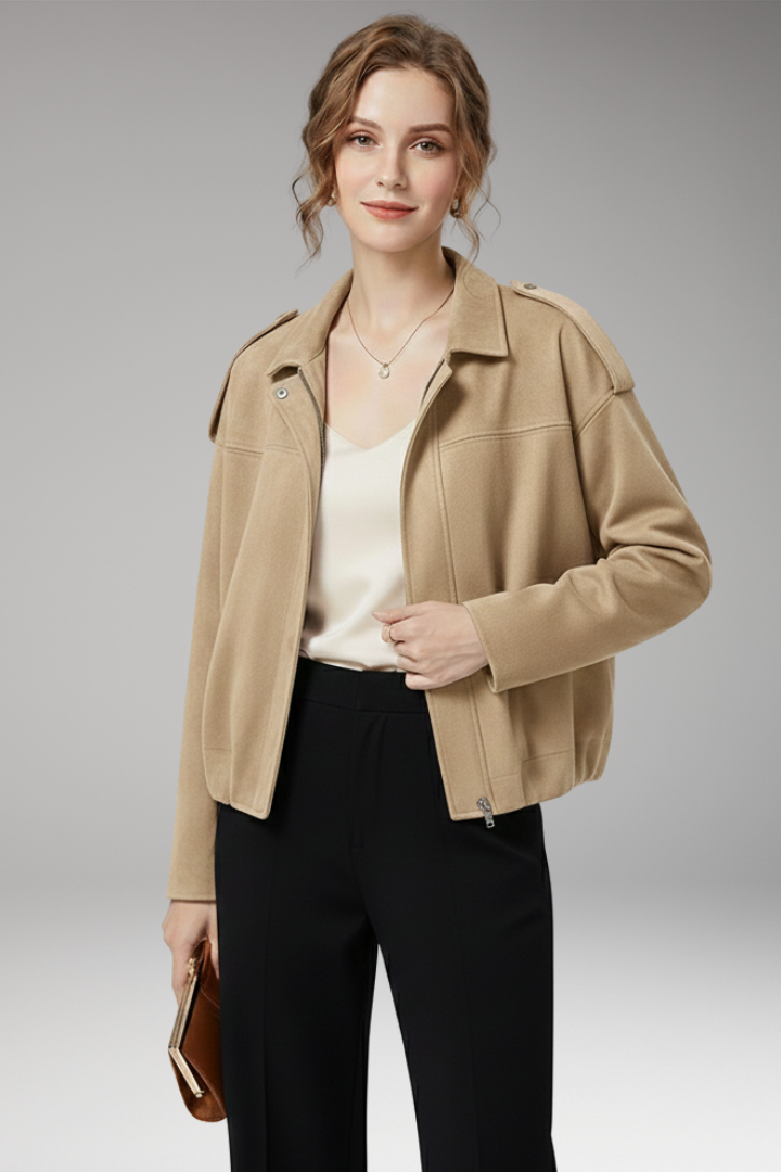 Women's Suede-Look Bomber Jacket with Structured Shoulders