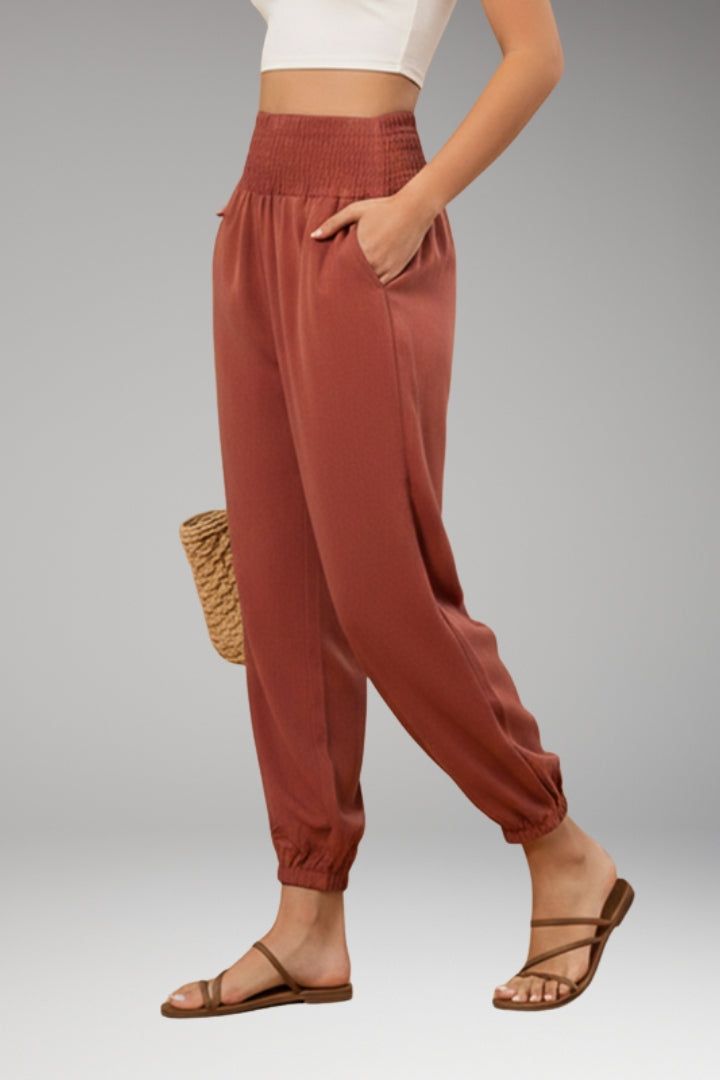 Women's Summer Trousers with Smocked Waistband and Elastic Ankle Cuffs