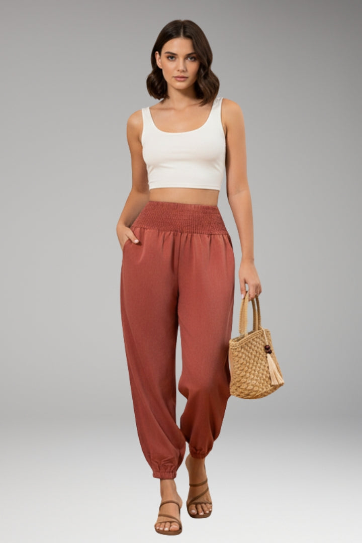 Women's Summer Trousers with Smocked Waistband and Elastic Ankle Cuffs