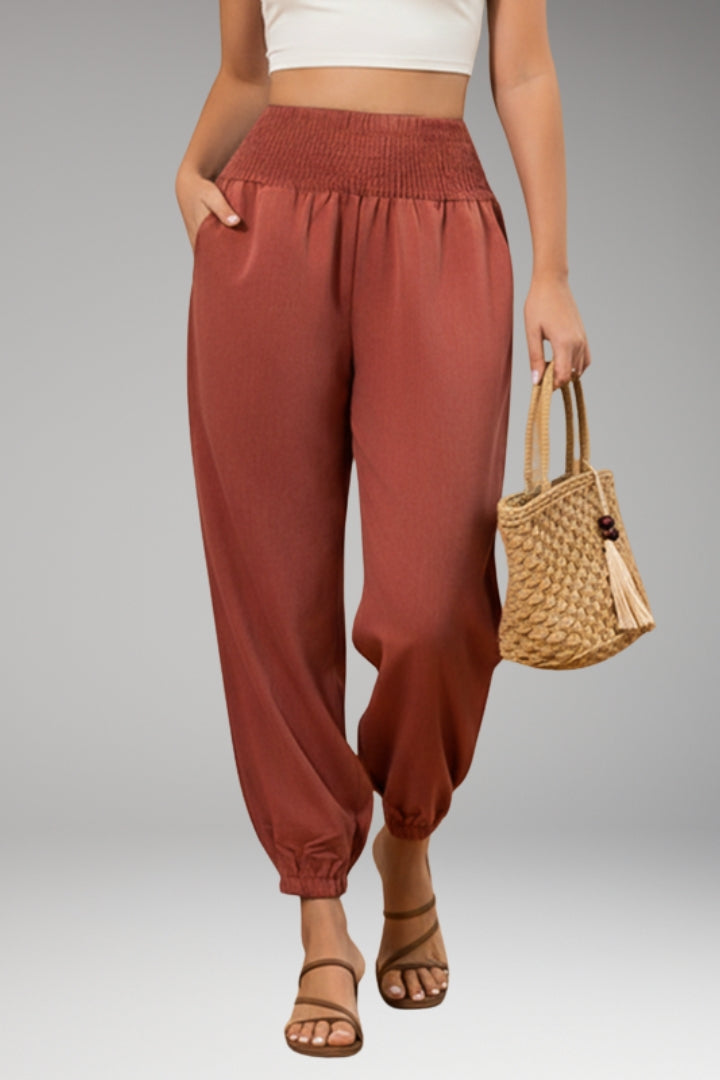 Women's Summer Trousers with Smocked Waistband and Elastic Ankle Cuffs