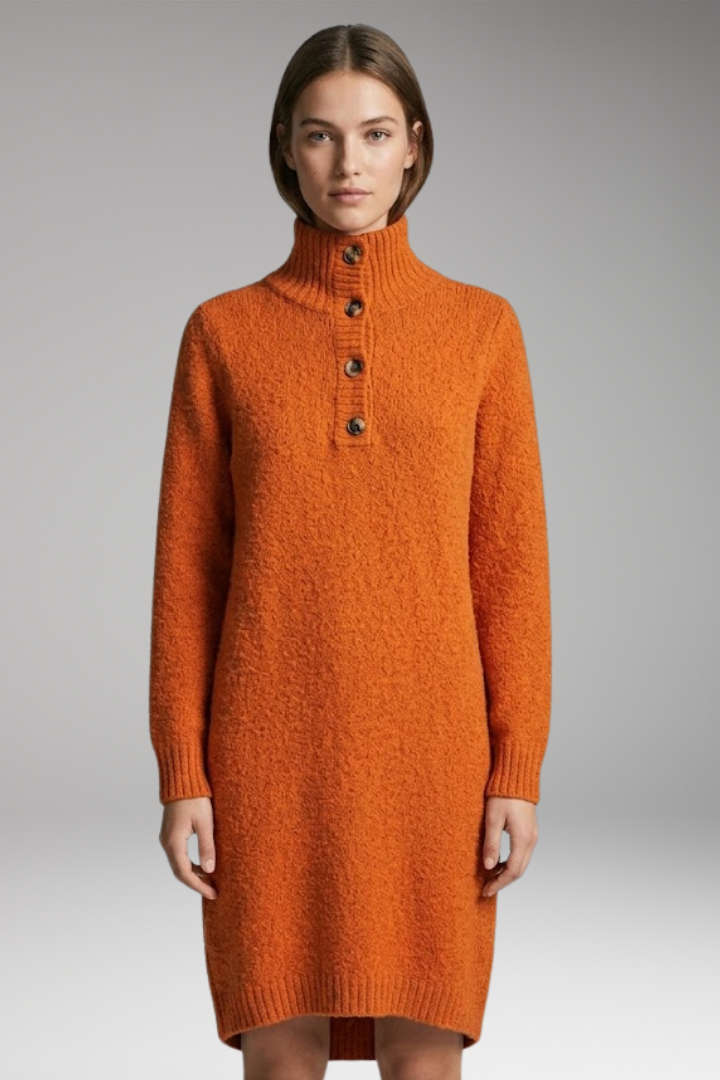 Women's Sweater Dress with High Neck and Button Detailing