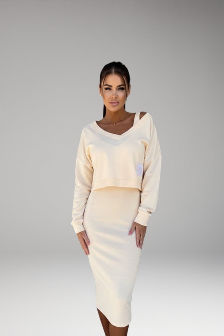 Women's Sweatshirt Dress Set with Fitted Midi Dress and Modern Sweatshirt