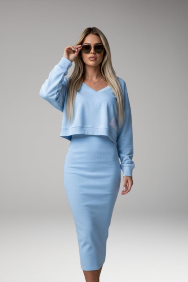 Women's Sweatshirt Dress Set with Fitted Midi Dress and Modern Sweatshirt