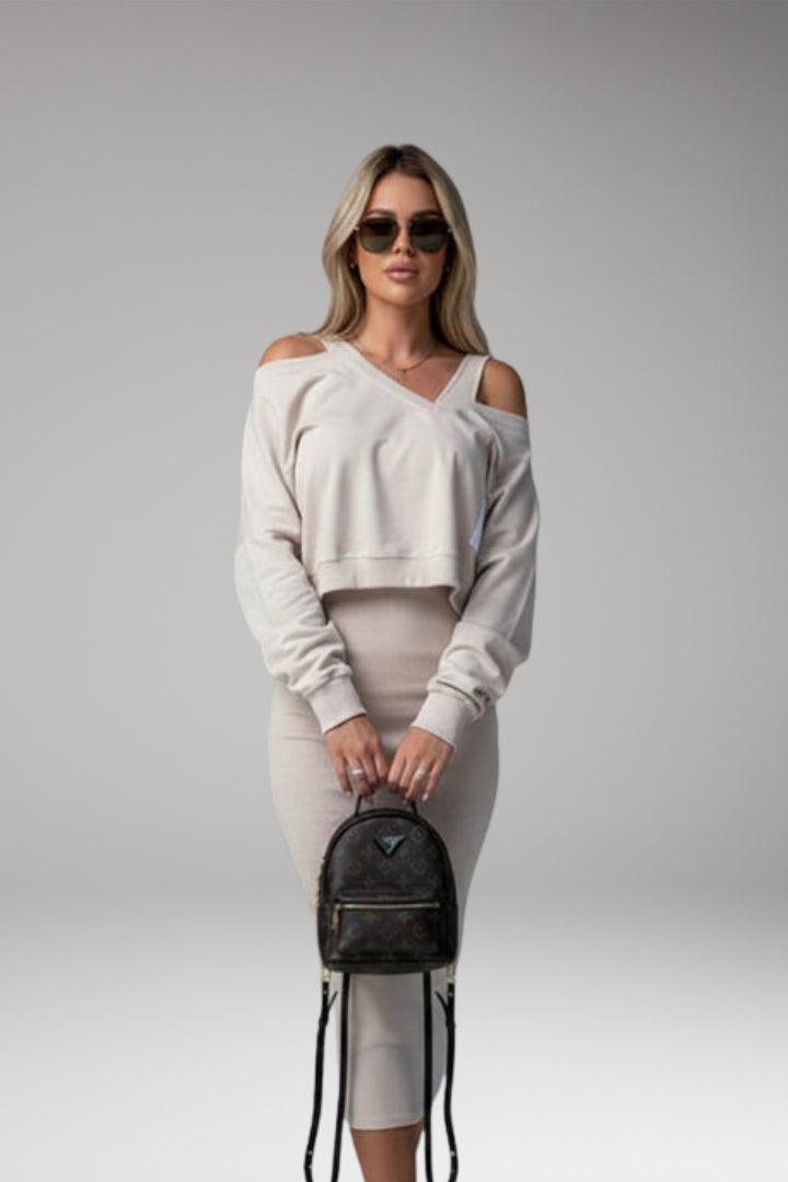 Women's Sweatshirt Dress Set with Fitted Midi Dress and Modern Sweatshirt