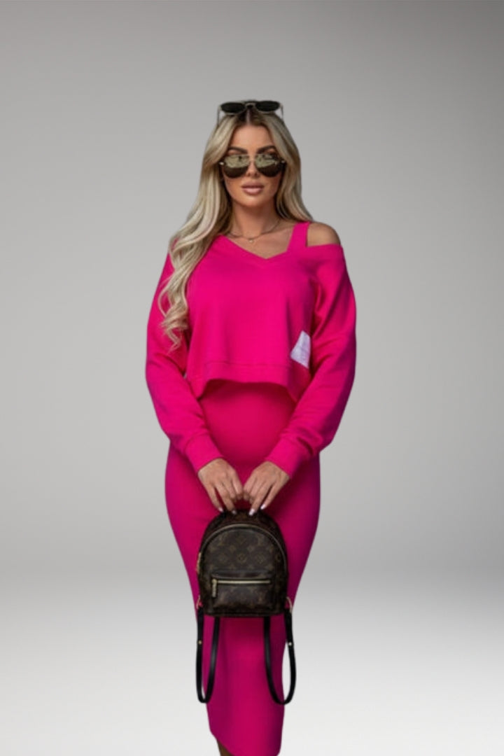Women's Sweatshirt Dress Set with Fitted Midi Dress and Modern Sweatshirt