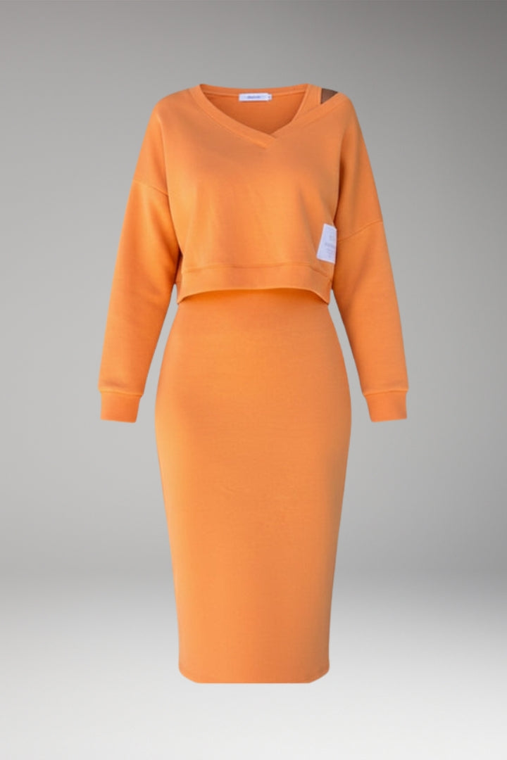 Women's Sweatshirt Dress Set with Fitted Midi Dress and Modern Sweatshirt