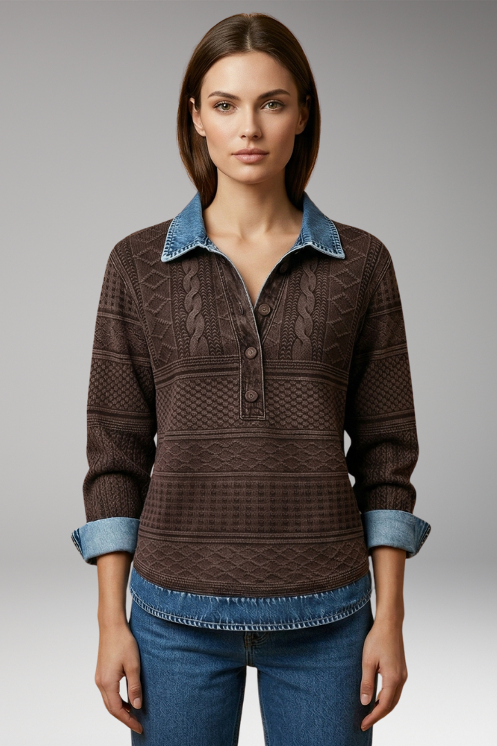 Women's Sweatshirt with Half Button and Denim-Style Collar