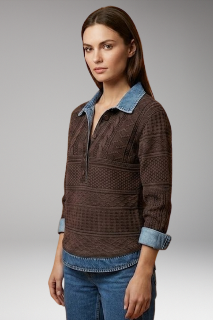 Women's Sweatshirt with Half Button and Denim-Style Collar