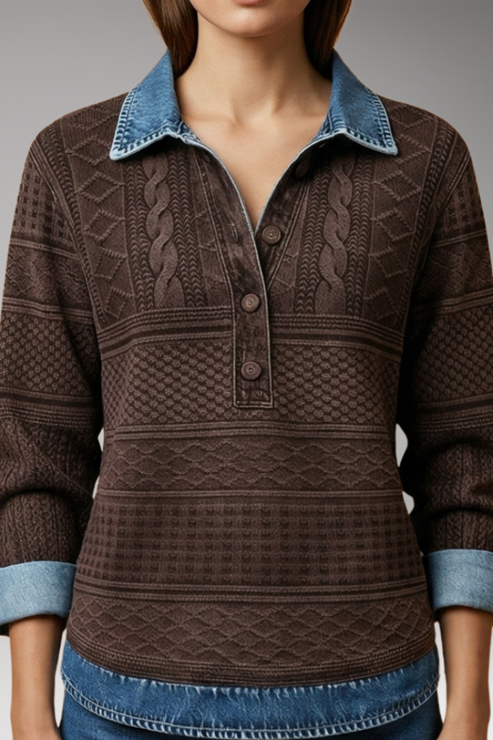 Women's Sweatshirt with Half Button and Denim-Style Collar
