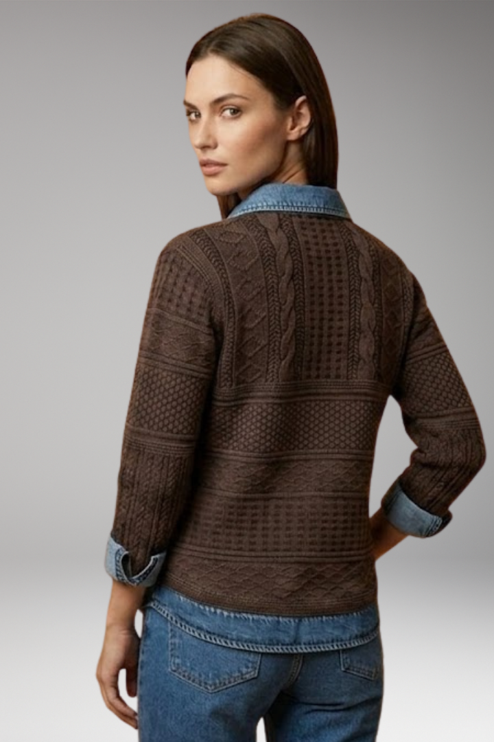 Women's Sweatshirt with Half Button and Denim-Style Collar