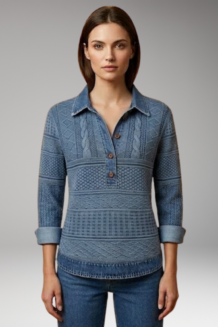 Women's Sweatshirt with Half Button and Denim-Style Collar