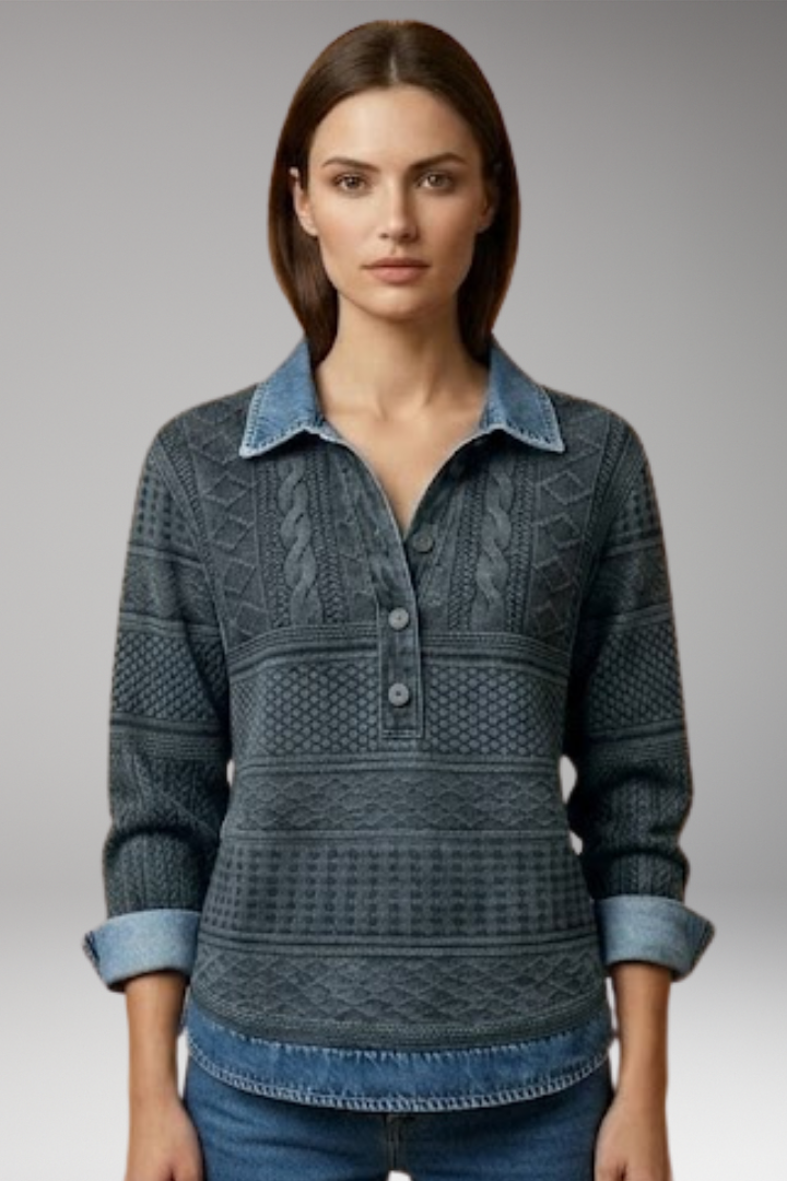 Women's Sweatshirt with Half Button and Denim-Style Collar