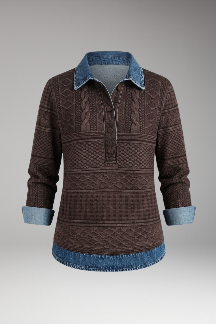 Women's Sweatshirt with Half Button and Denim-Style Collar