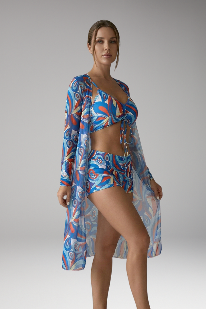 Women's Swimsuit with Tied Front and Long Sheer Overlay