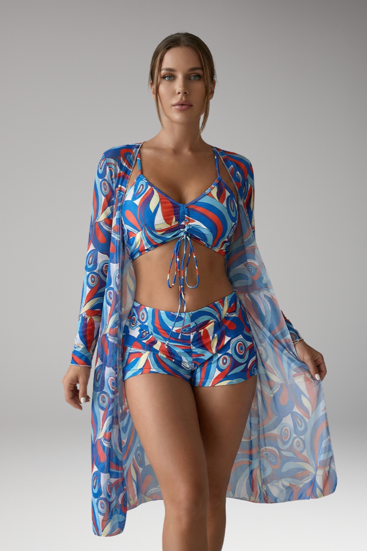 Women's Swimsuit with Tied Front and Long Sheer Overlay