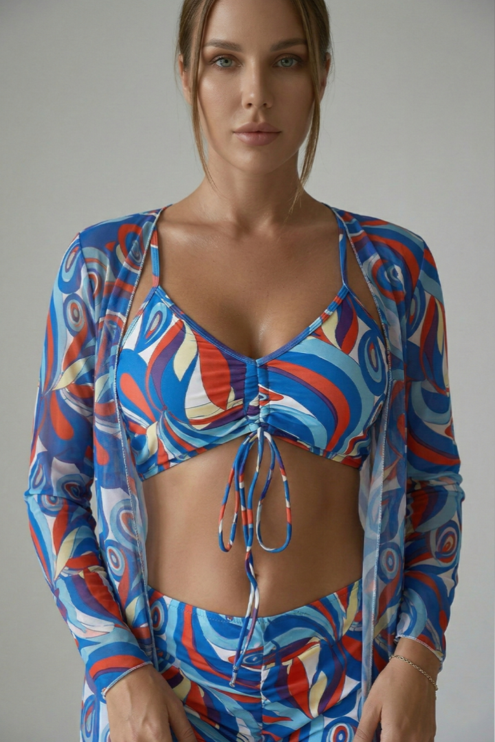 Women's Swimsuit with Tied Front and Long Sheer Overlay