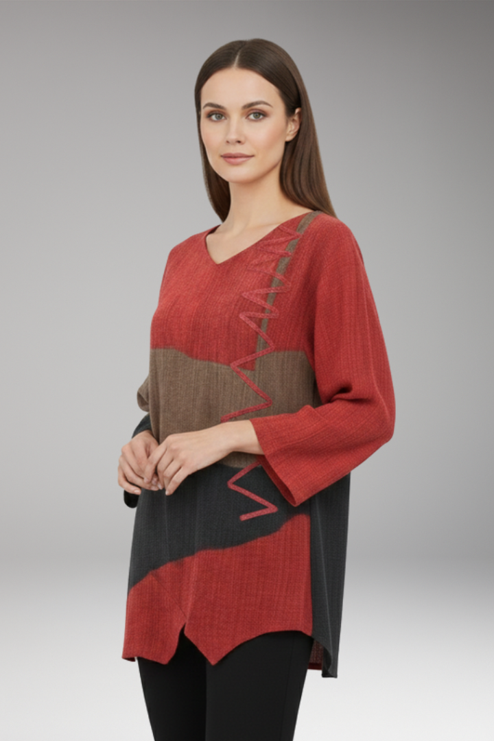 Women's T-Shirt with Artistic Retro Pattern and V-Neck