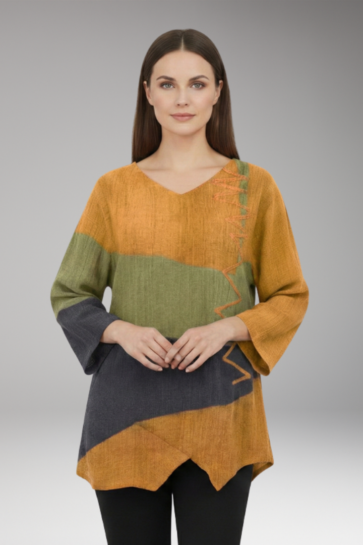 Women's T-Shirt with Artistic Retro Pattern and V-Neck