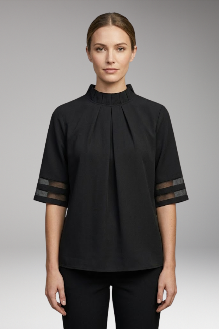 Women's T-Shirt with High Collar and Pleated Front