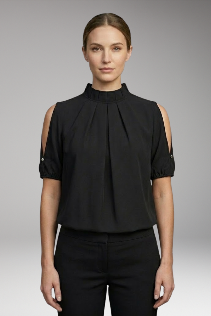 Women's T-Shirt with High Collar and Pleated Front