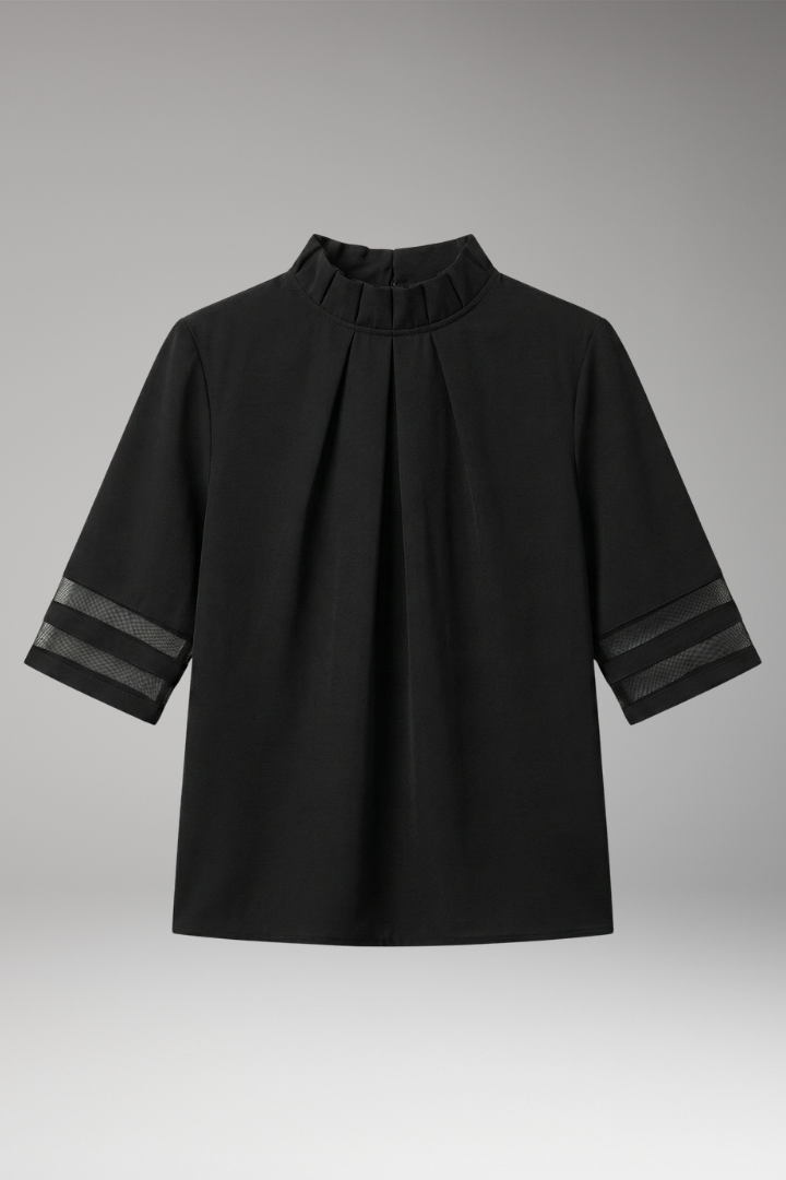 Women's T-Shirt with High Collar and Pleated Front