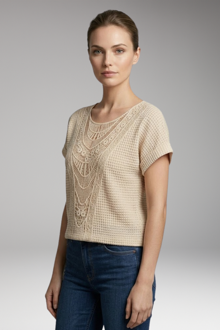 Women's T-Shirt with Lace Insert and Round Neck
