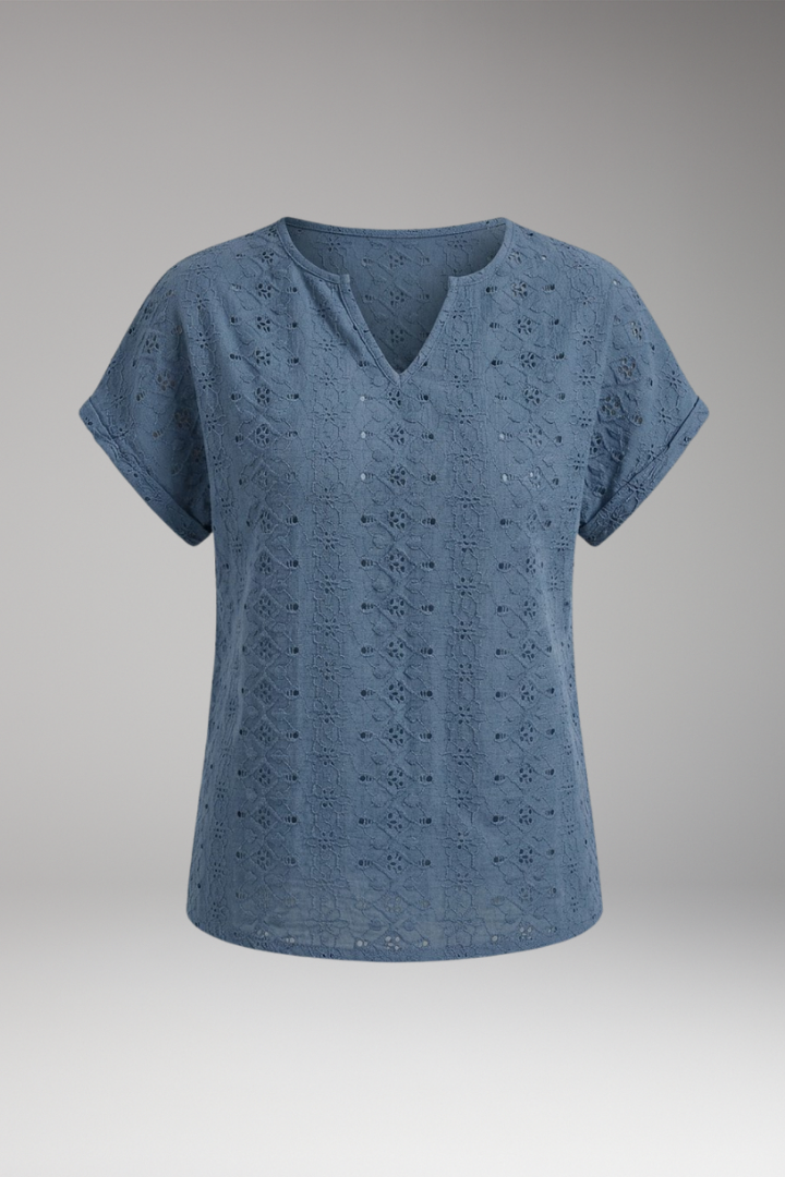 Women's T-Shirt with Notched Neckline and Eyelet Embroidery