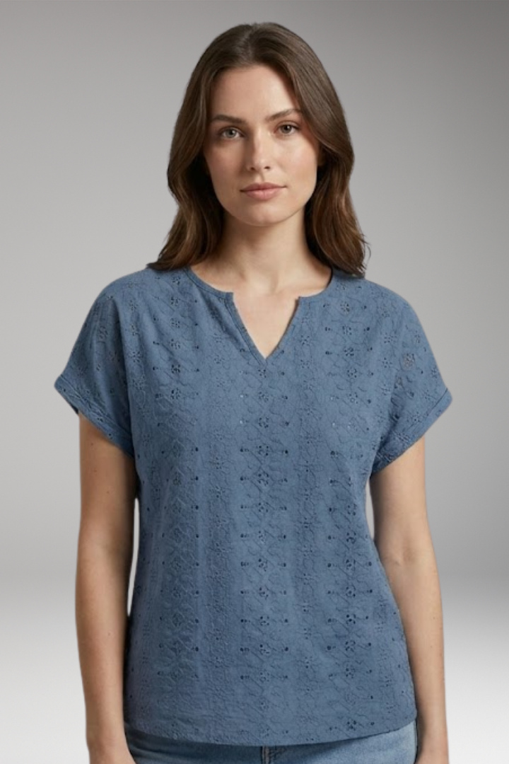 Women's T-Shirt with Notched Neckline and Eyelet Embroidery