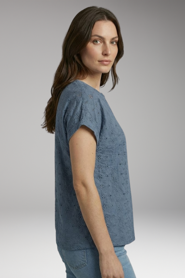 Women's T-Shirt with Notched Neckline and Eyelet Embroidery