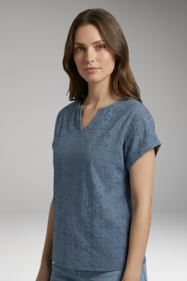 Women's T-Shirt with Notched Neckline and Eyelet Embroidery