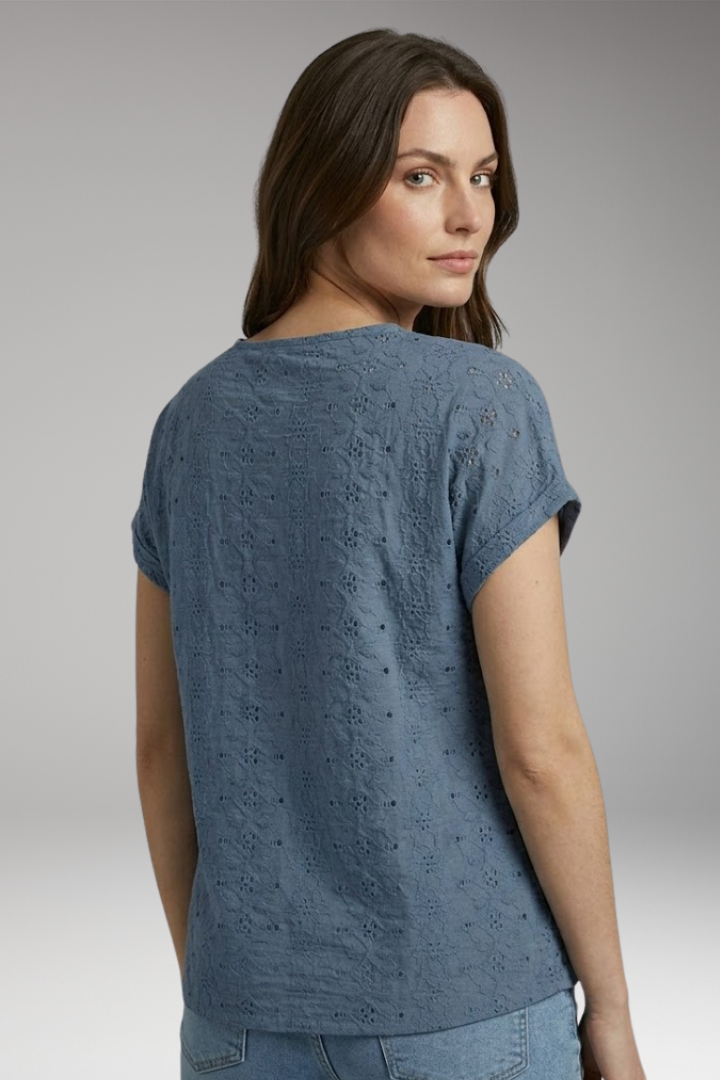 Women's T-Shirt with Notched Neckline and Eyelet Embroidery