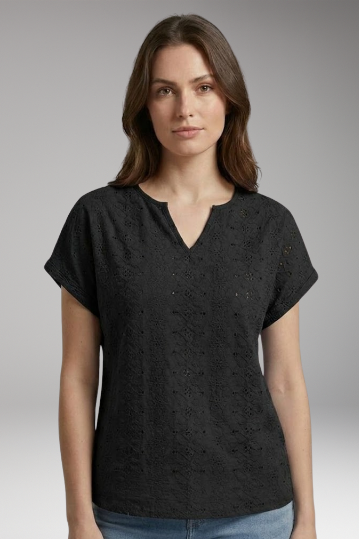 Women's T-Shirt with Notched Neckline and Eyelet Embroidery