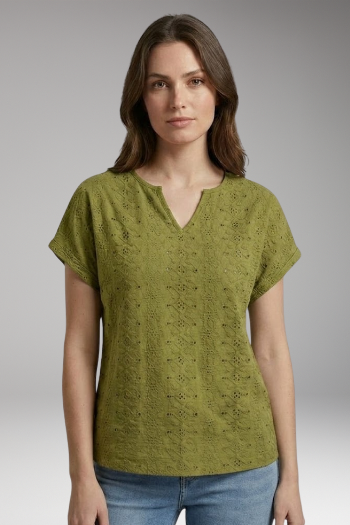 Women's T-Shirt with Notched Neckline and Eyelet Embroidery