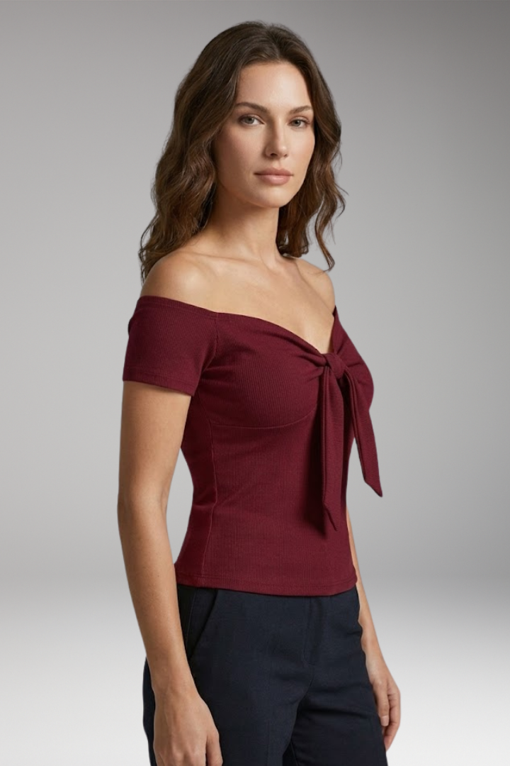 Women's T-Shirt with Off-Shoulder and Front Tie