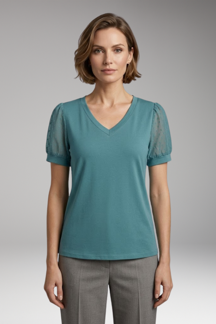 Women's T-Shirt with Puff Sleeves and V-Neck