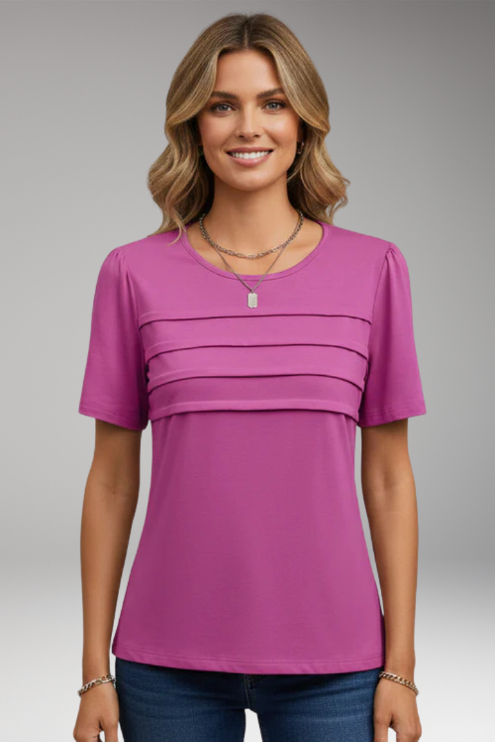 Women's T-Shirt with Round Neck and Pleated Chest
