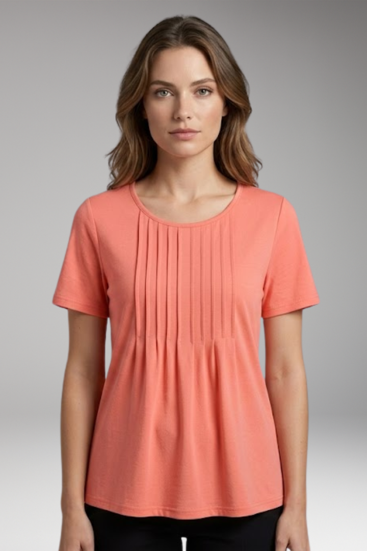 Women's T-Shirt with Round Neck and Pleated Front