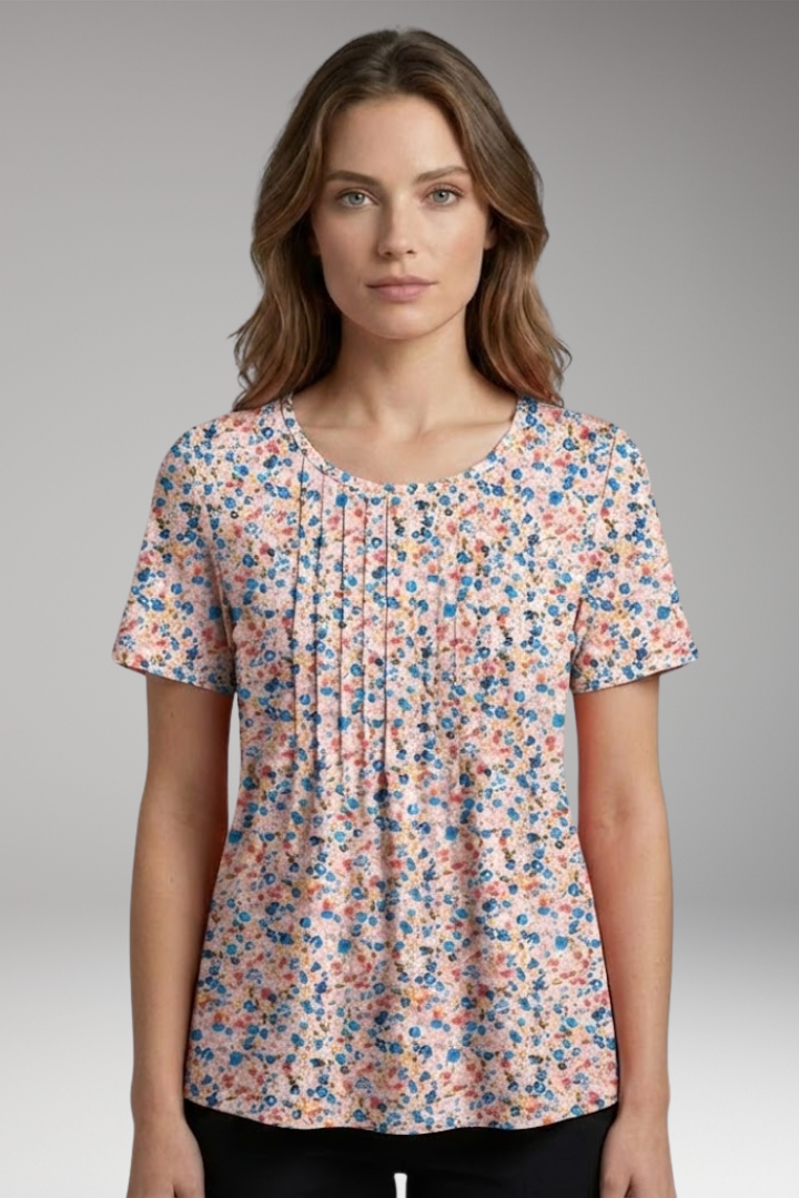 Women's T-Shirt with Round Neck and Pleated Front