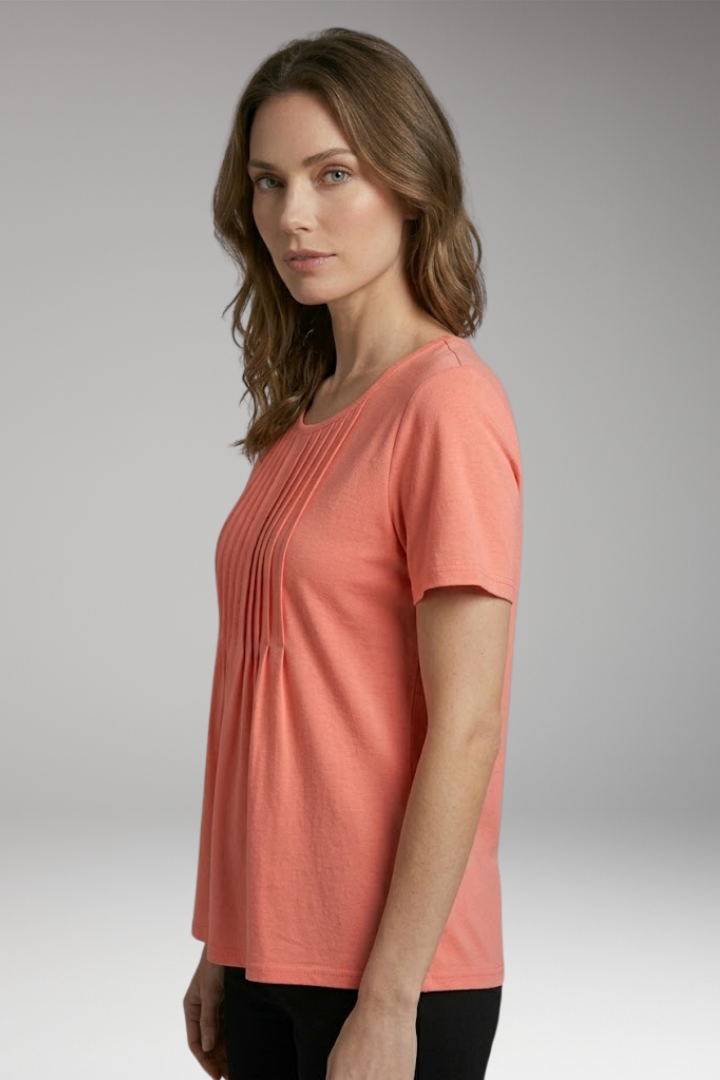 Women's T-Shirt with Round Neck and Pleated Front