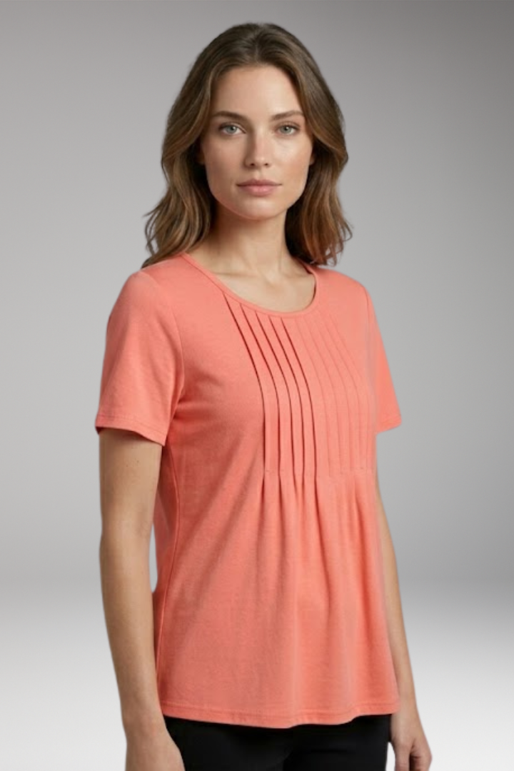 Women's T-Shirt with Round Neck and Pleated Front