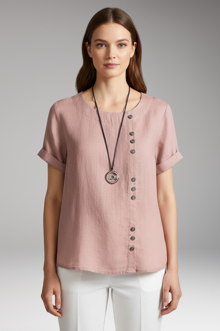 Women's T-Shirt with Round Neck and Side Buttons