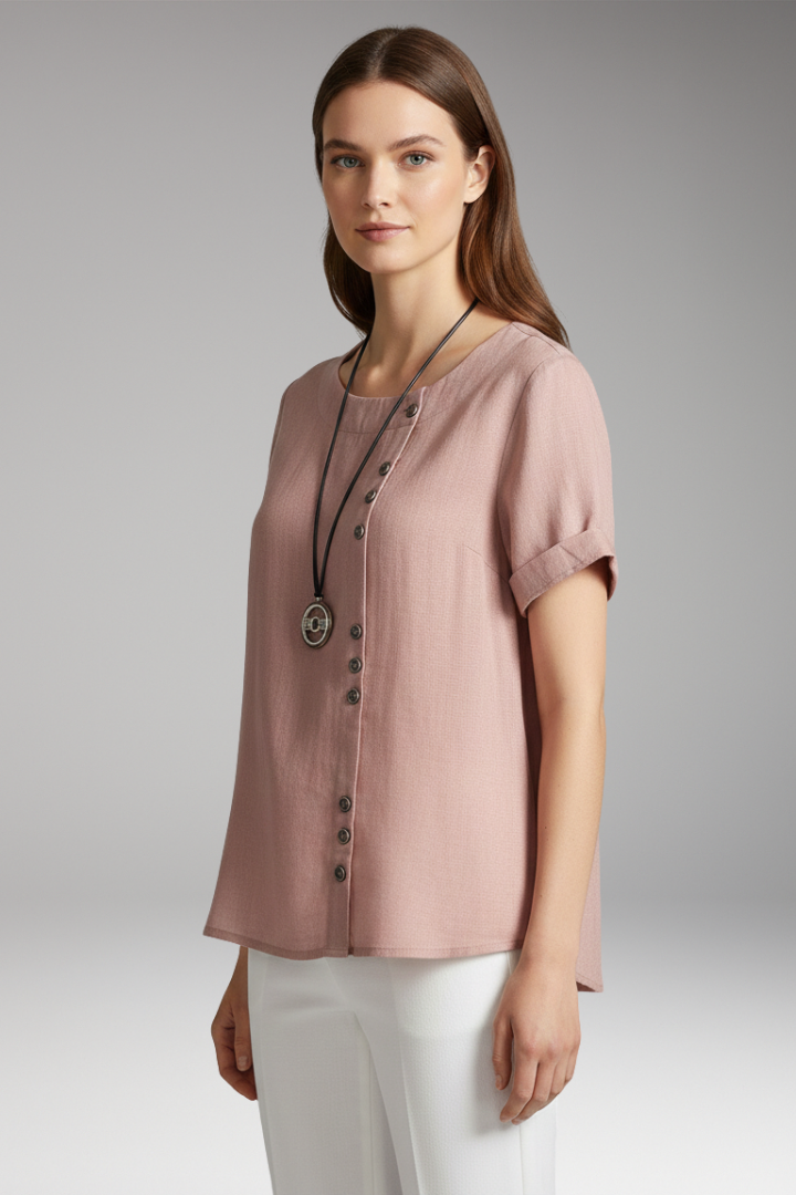 Women's T-Shirt with Round Neck and Side Buttons