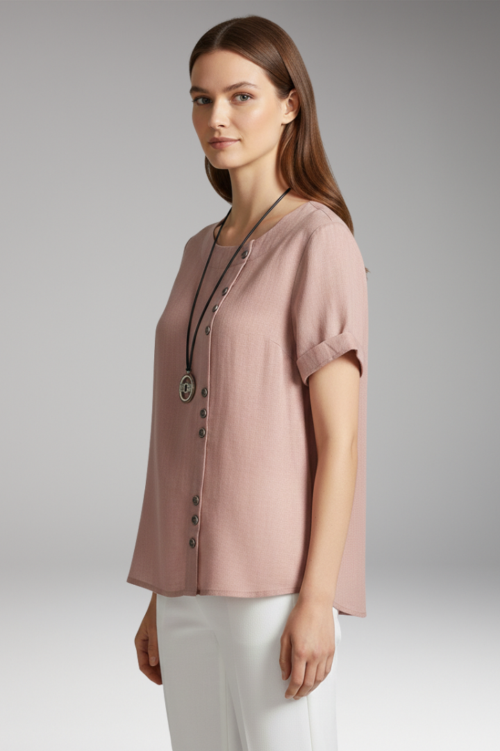 Women's T-Shirt with Round Neck and Side Buttons