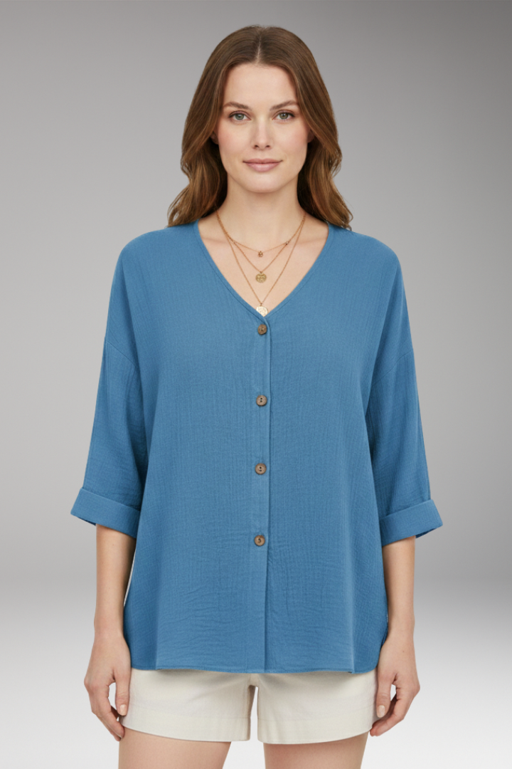 Women's T-Shirt with V-Neck and Button Front