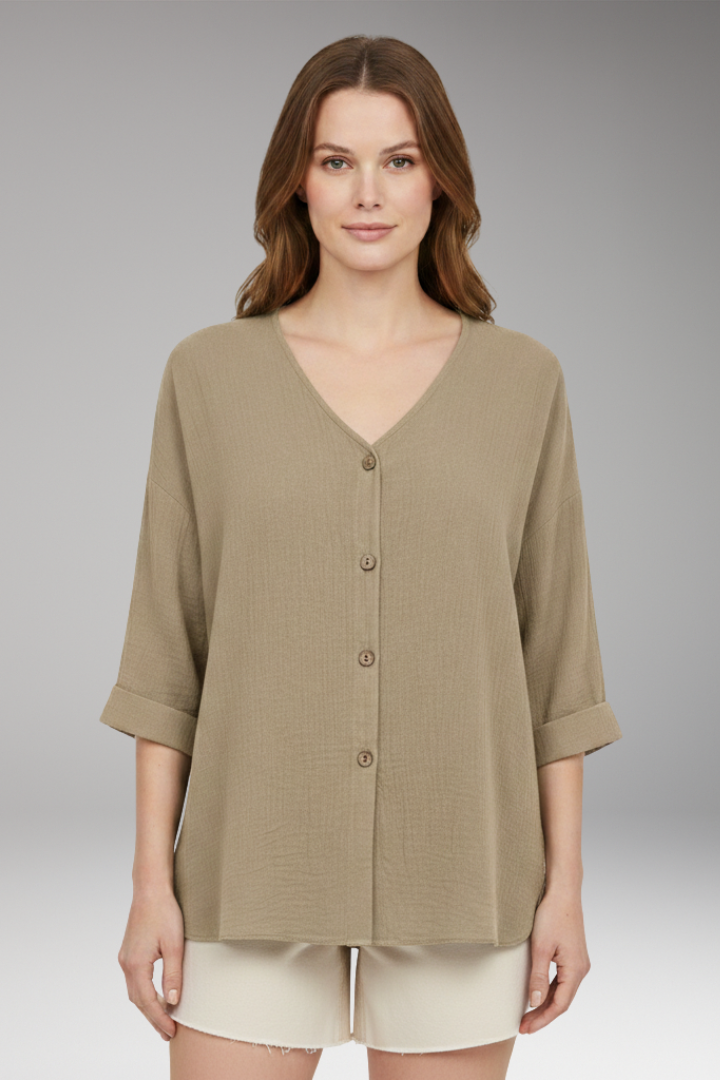 Women's T-Shirt with V-Neck and Button Front