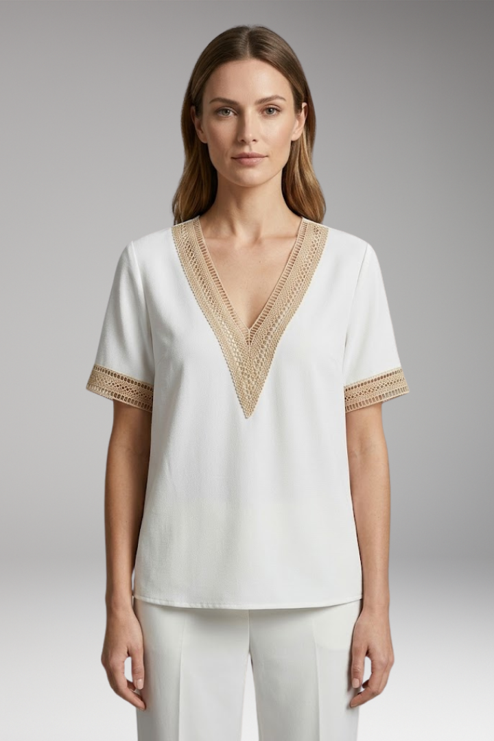 Women's T-Shirt with V-Neck and Crochet Trim